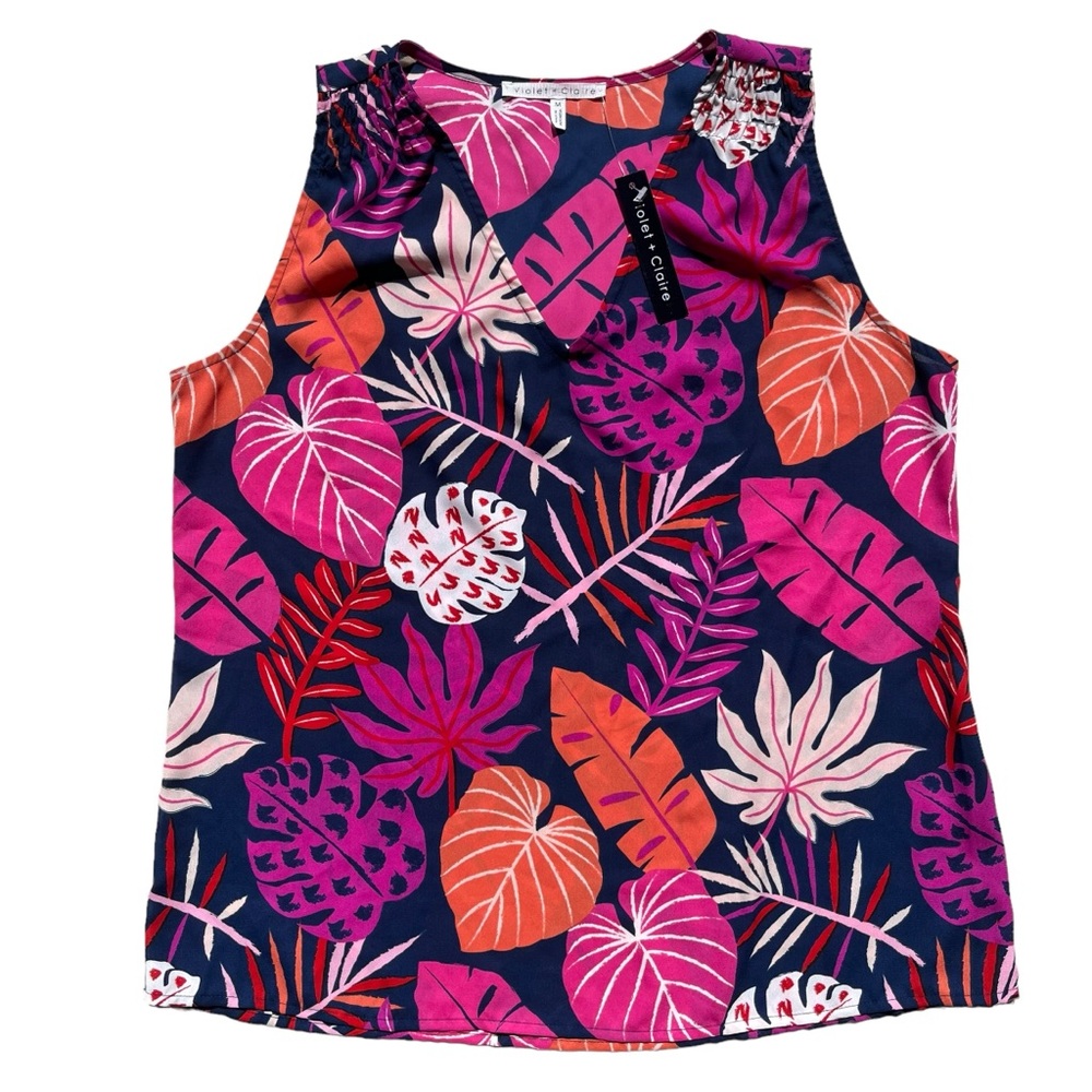 Violet + Claire Womens Medium Navy Pink Orange Tropical Leaf Smocked Tank Blouse